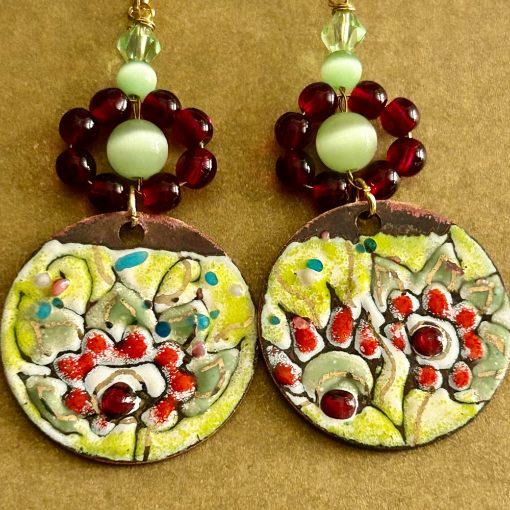 Earrings NWOT flowers Artisan green, red Copper enamel & glass beads  2.5” drop